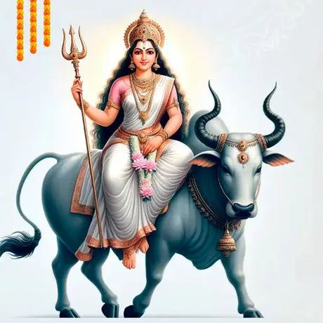 Goddess Shailaputri majestically rides a bull, symbolizing divine power and harmony in Hindu mythology.