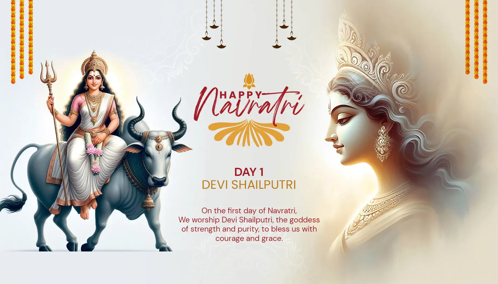 A vibrant Navratri celebration scene featuring Maa Shailaputri, depicted astride a bull, holding a trident and a lotus flower at the center. The background is a