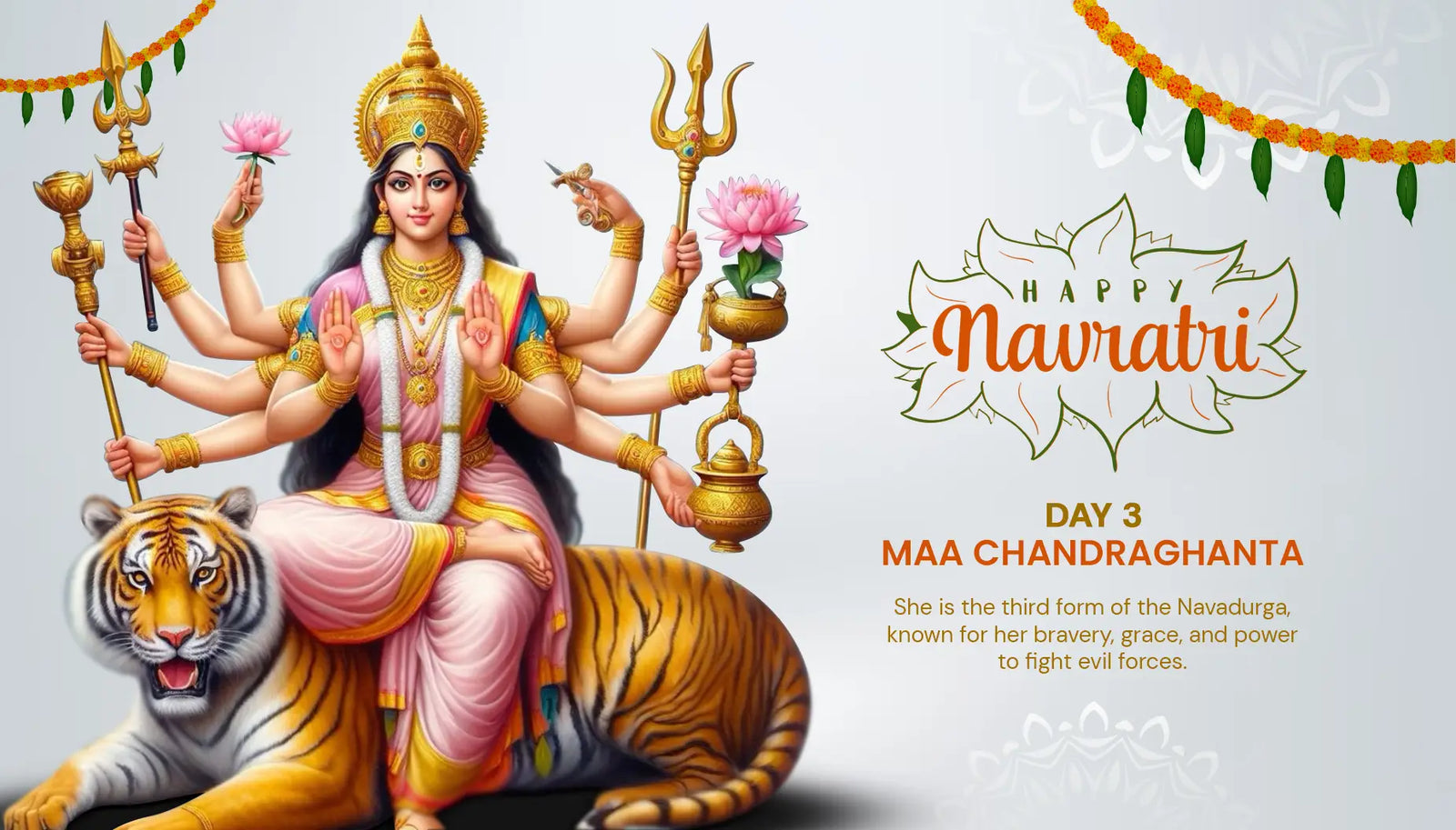 Goddess Chandraghanta. She is surrounded by a tapestry of colorful flowers and twinkling lights, creating a festive atmosphere reminiscent of the Navratri festi