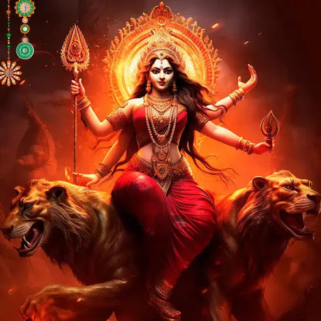 Durga Maa, the Hindu goddess, depicted with multiple arms, symbolizing strength and protection against evil forces.