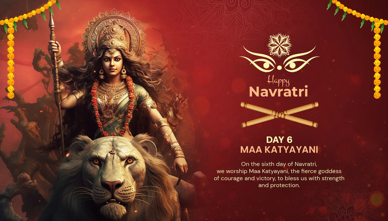 A Katyayani goddess with multiple arms sits confidently atop a powerful lion. In one hand, she firmly holds a gleaming sword, while in another, she delicately c