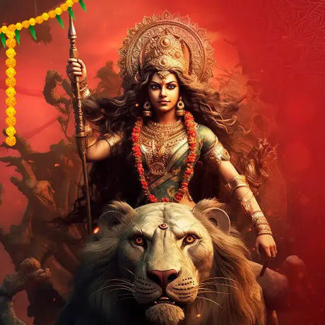 A majestic goddess Katyayani rides a powerful lion, symbolizing strength and courage in a captivating scene.