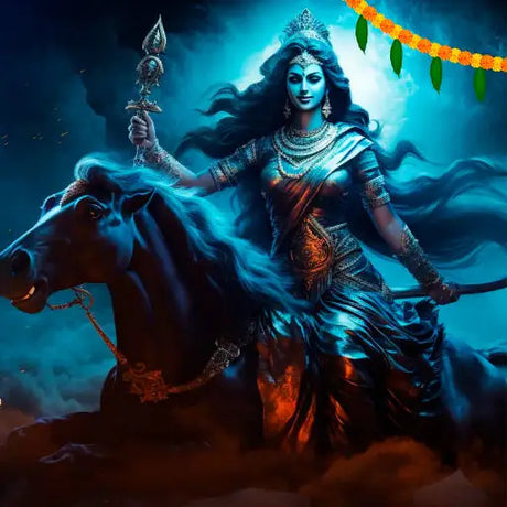 Maa Kalaratri majestically rides a horse, wielding a sword, symbolizing strength and victory over evil.