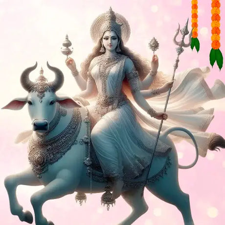 Devi Mahagauri picture featuring a vibrant and intricate depiction of the goddess in a divine setting.