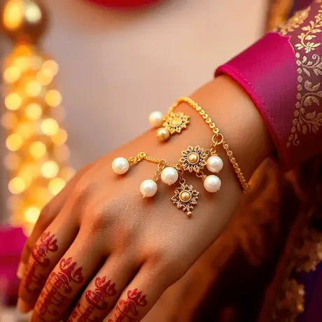 Close-up of an elegant gold Panja bracelet with pearl charms on a hand adorned with intricate henna, set against a soft festive background.