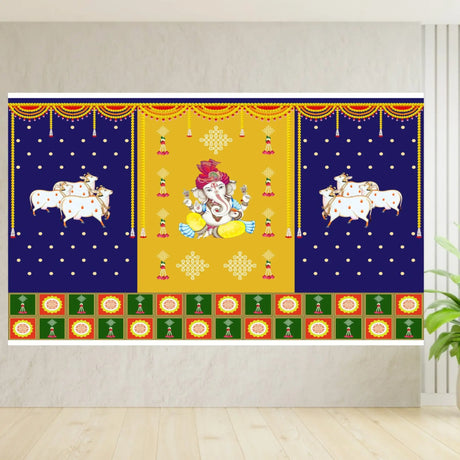 Vibrant yellow and blue elephant tapestry pooja backdrop with cultural significance