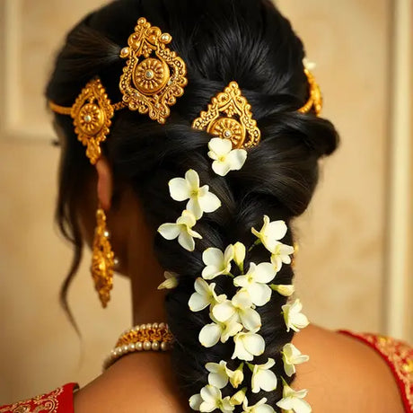 Close-up of ornate gold braid accessories and white jasmine flowers woven into a beautifully styled braid against a soft, elegant background.