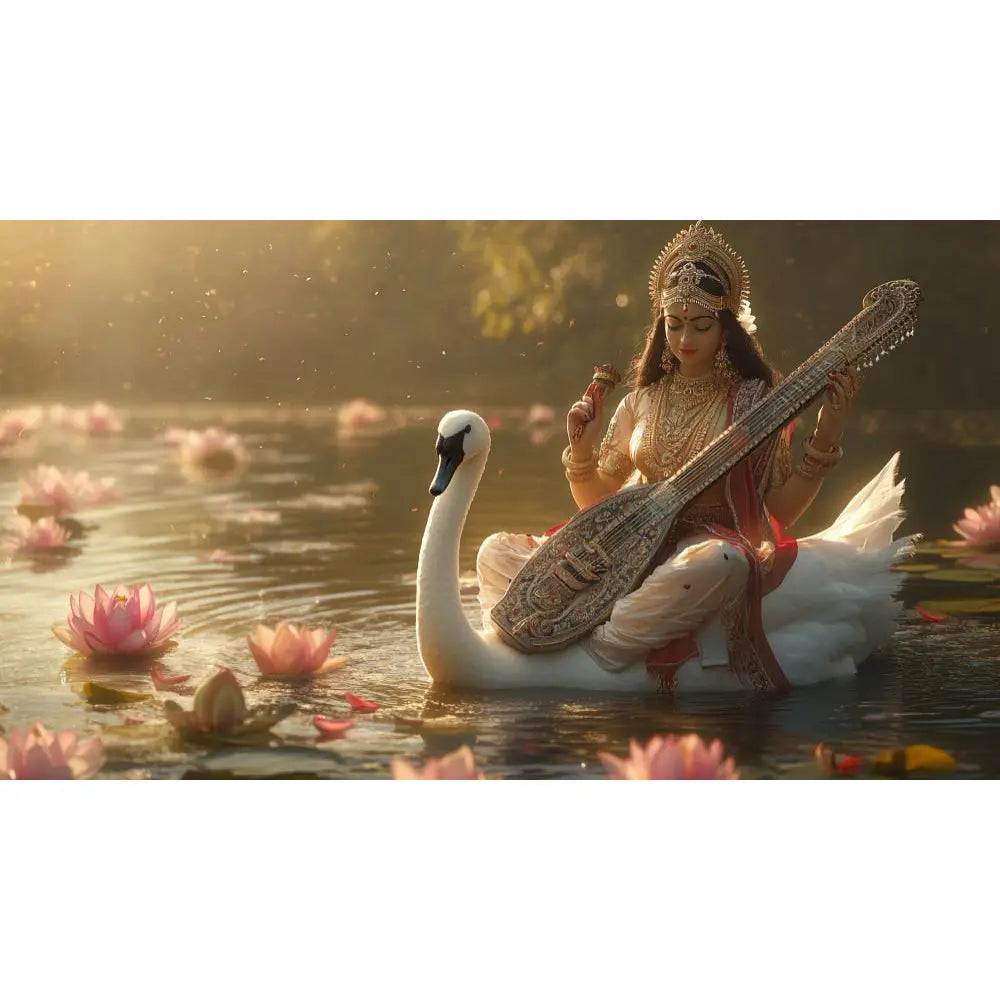 Goddess Saraswati playing veena on lotus, symbolizing knowledge and arts.