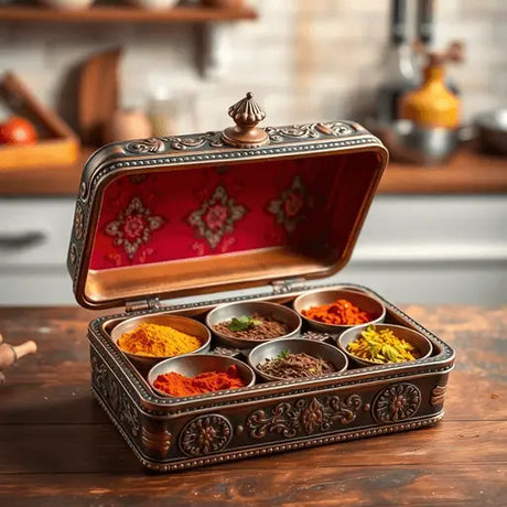 Open traditional Indian masala box with colorful spice compartments including turmeric, chili powder, cumin, and coriander on a rustic kitchen surface.