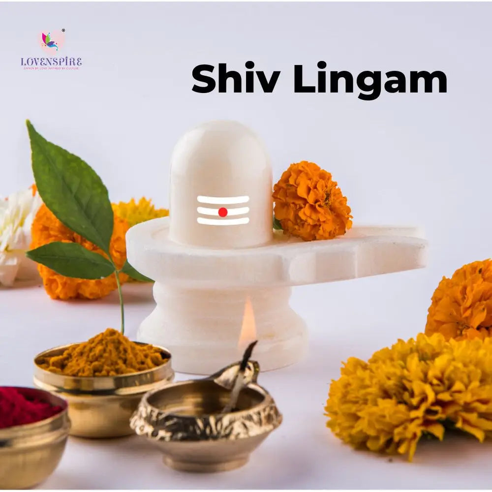 A Shiva Lingam on a traditional altar, adorned with flowers and incense, illuminated by soft, warm lighting that enhances the serene and spiritual atmosphere.