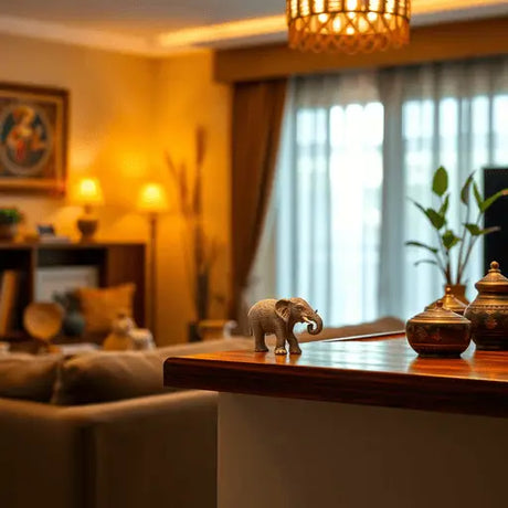 Cozy living room with a wooden shelf holding a detailed elephant figurine, warm lighting, and subtle traditional decor creating a welcoming atmosphere.