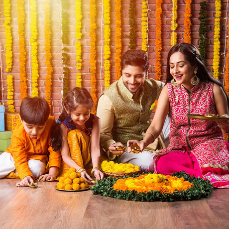 Family celebrating Indian festival for Diwali decoration guide and festive ambiance.
