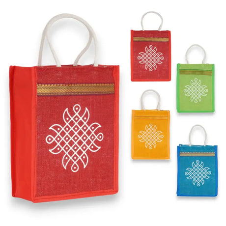 Colorful jute tote bags with traditional white patterns for eco-friendly Indian décor
