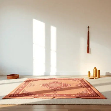 A peaceful meditation space with a detailed prayer mat, soft natural light, and subtle spiritual symbols creating a calm and mindful atmosphere.