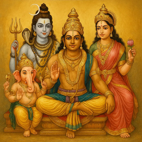Lord Ayyappa with Shiva, Mohini, and Ganesha in a traditional Indian painting with golden backdrop