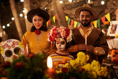 A beautifully arranged Día de Muertos altar adorned with bright orange marigolds and deep red cockscombs, creating a warm and inviting display. The altar featur