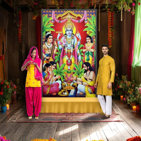 A serene home altar for a Satyanarayan Pooja, featuring a beautifully adorned Backdrop of Lord Satyanarayan surrounded by flowers, candles, and traditional offering