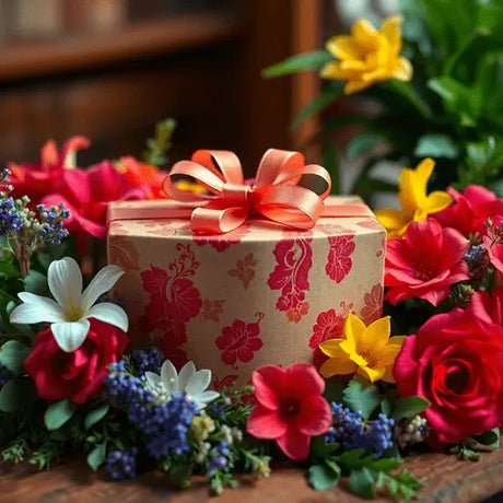 A beautifully wrapped gift box surrounded by colorful flowers and lush greenery, creating a warm and inviting atmosphere that symbolizes love and thoughtful gift-giving.