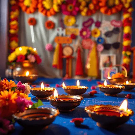 Colorful Diwali scene with marigold flowers, glowing brass oil diyas, and festive photo booth props, radiating warmth and celebration.