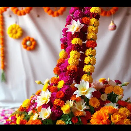 Colorful marigold and lotus flower garlands and torans arranged artistically against a soft festive background, symbolizing cultural celebration.