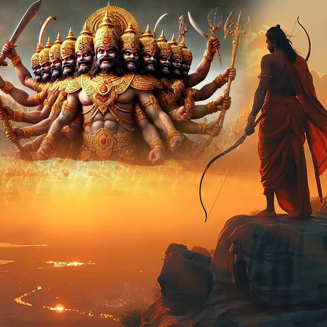 Lord Rama and his army of warriors stand resolutely atop a mountain, symbolizing strength and unity in their quest.
