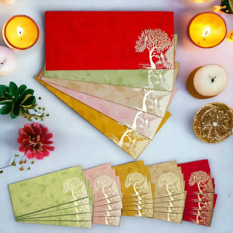 Colorful envelopes with gold tree design, perfect for Indian wedding return gifts