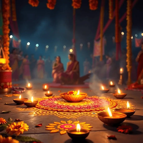 A vibrant Diwali celebration with colorful Rangoli designs, glowing diyas, and marigold flowers, set in a festive atmosphere filled with soft lights and joy.