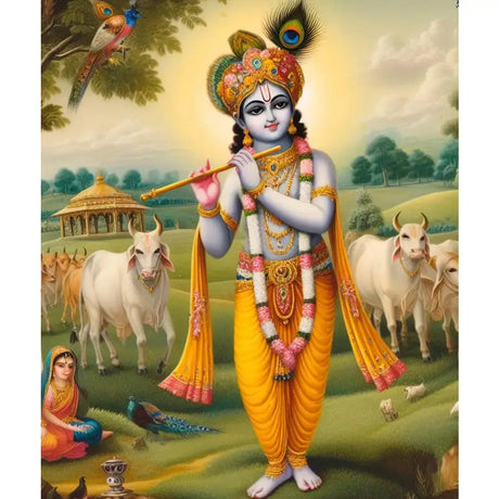 Lord Krishna playing flute in a lush forest with a peacock.