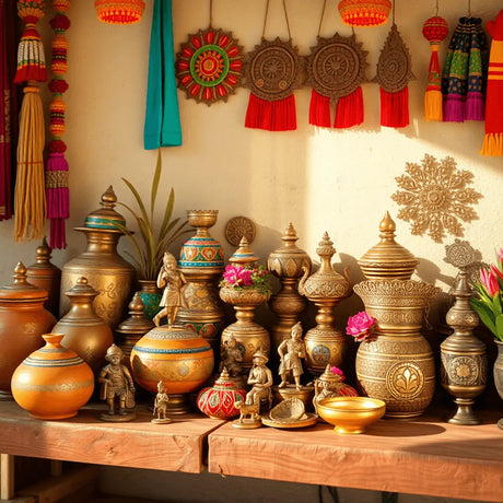 Colorful traditional Indian decorative items like terracotta pots, brass figurines, and fabric crafts on a rustic wooden surface bathed in soft natural light.