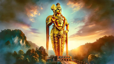 Golden Lord Murugan statue holding a vel, symbolizing devotion during Skanda Shasti