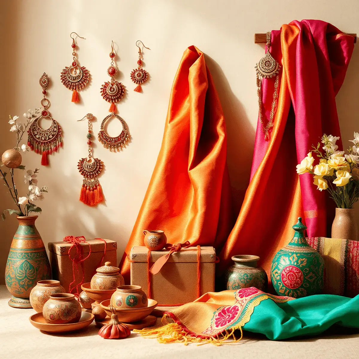 A warm, inviting display of traditional handcrafted jewelry, silk sarees, colorful shawls, and artisan pottery, highlighted by soft natural light.