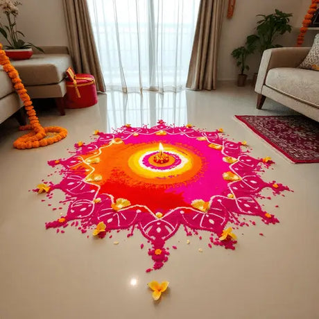 Colorful Rangoli made with powders and flower petals on floor, surrounded by marigold garlands and jasmine flowers in a modern festive home setting.