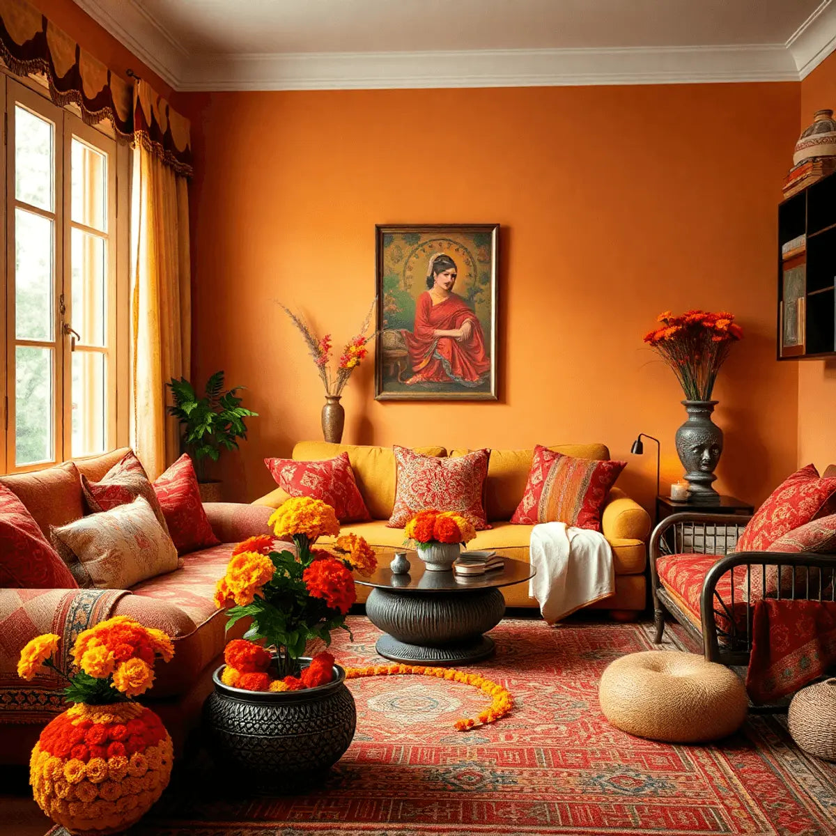 Cozy sectional sofa with orange and red pillows enhancing Indian home decor in living room.