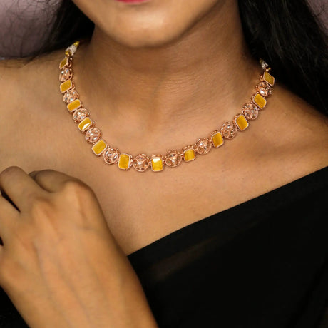 Elegant Indian jewelry choker with yellow rectangular and ornate circular gold links