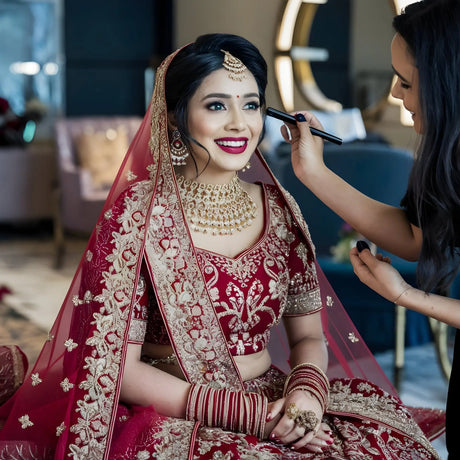 The colorful and intricate traditional bindi on a woman’s forehead with sparkling details against a soft, blurred cultural background gives a mesmerizing look.
