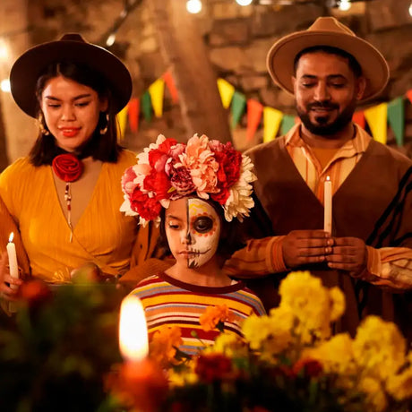 A family wearing colorful traditional Mexican costumes, smiling and posing together in a festive setting.