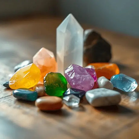 Colorful healing crystals and stones arranged on a wooden surface, softly glowing with gentle light to evoke calm and spiritual energy.
