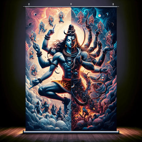 A digital art representation of a statue of Shiva, showcasing his duality as both a destroyer and transformer.