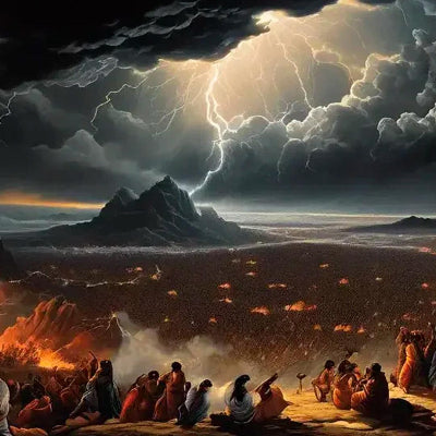 A painting depicting individuals seated on a hill under dramatic clouds and striking lightning in the background.