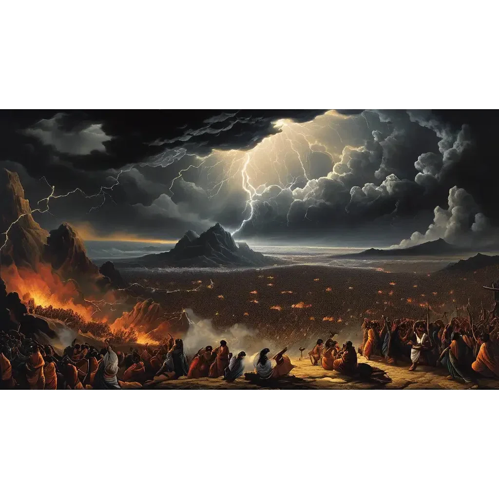 "Dramatic landscape with people witnessing fiery destruction and lightning, symbolizing Kali Yuga chaos."