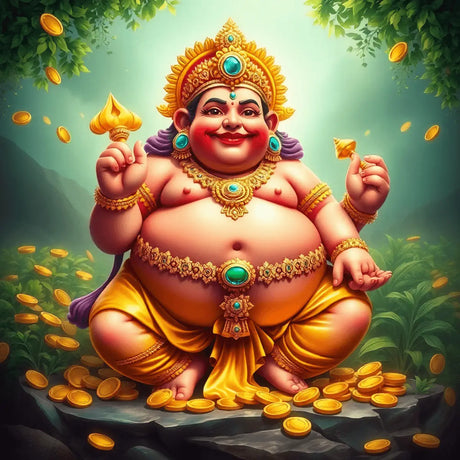 A plump, jewel-adorned figure of Kubera, the God of Wealth, surrounded by gold coins and lush greenery, set against a serene background symbolizing prosperity a