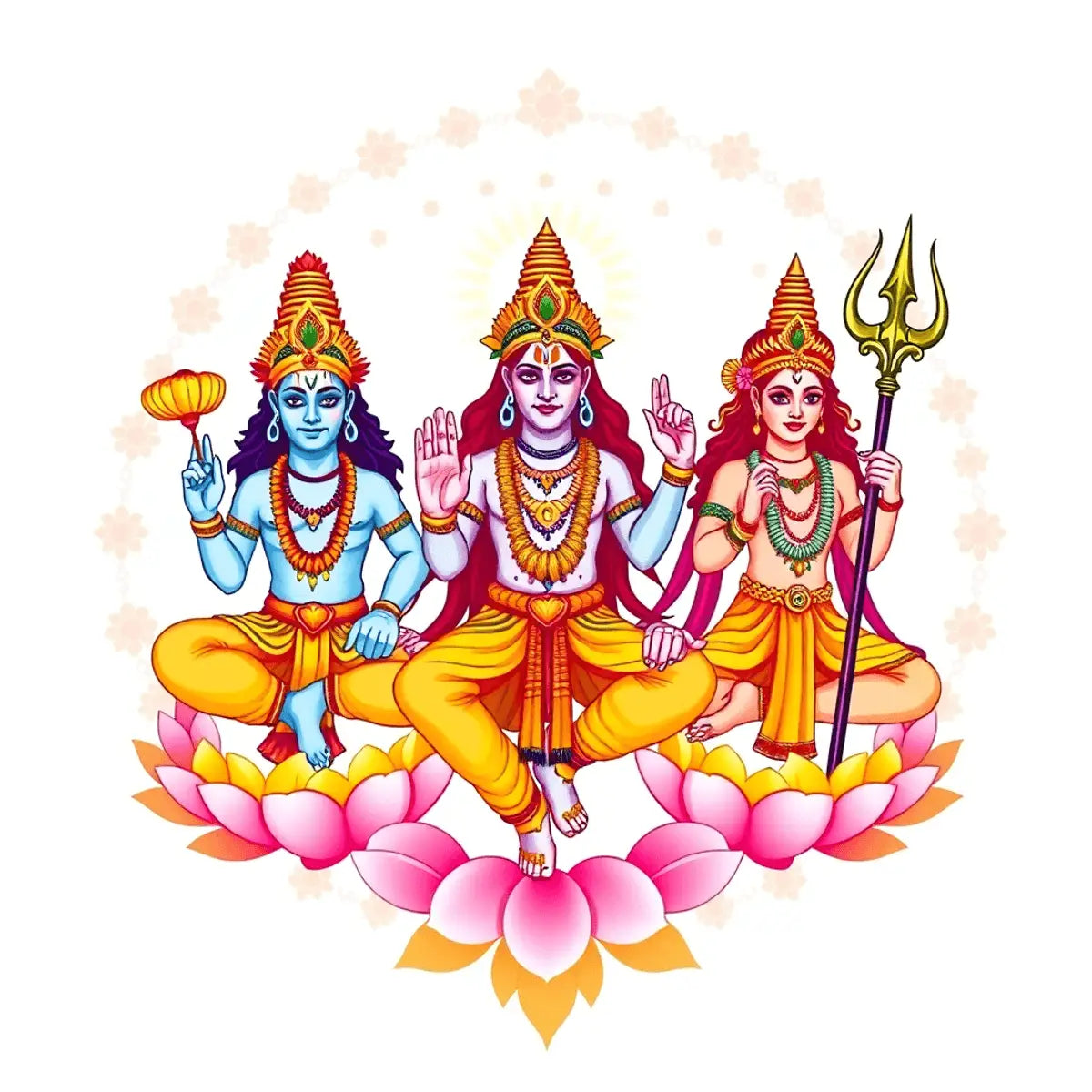 A colorful illustration of the Hindu Trimurti, showcasing Brahma with a lotus, Vishnu with a conch shell, and Shiva with a trident, set against vibrant Indian m