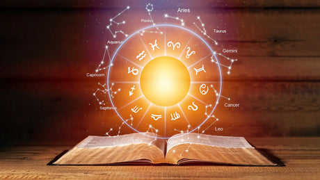 Open book illuminated by glowing Vedic astrology birth chart for modern life insights