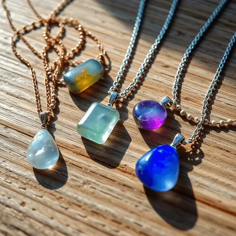 Close-up of glowing healing crystal necklaces and bracelets on a wooden surface, softly lit by sunlight highlighting their colors and textures.