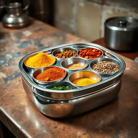 Stainless steel Masala Box with multiple compartments filled with colorful spices on a rustic kitchen countertop.