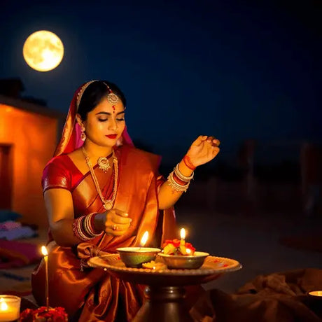 A woman in traditional attire performing Karva Chauth rituals at dusk with a decorated thali and glowing moon in the background.