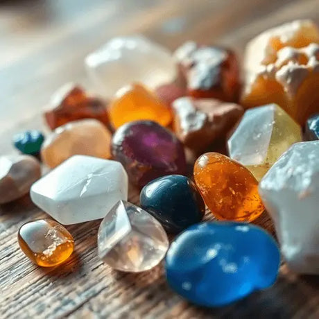 Close-up of colorful healing crystals and stones artistically arranged on wood, softly glowing with ambient light to evoke calm and spiritual energy.
