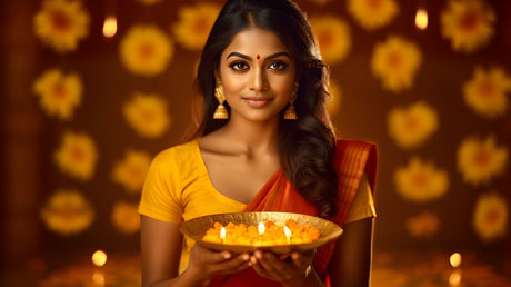 A Caucasian woman and an Asian man joyfully prepare Ugadi Pachadi in a vibrant kitchen, surrounded by colorful flowers and festive decorations that reflect a bl