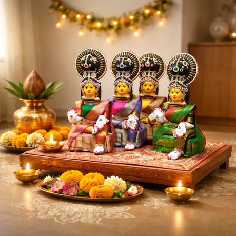 Decorative statues with colorful attire on a wooden platform, surrounded by flowers and candles, with 'Vara Lakshmi Vratam Collection' text.