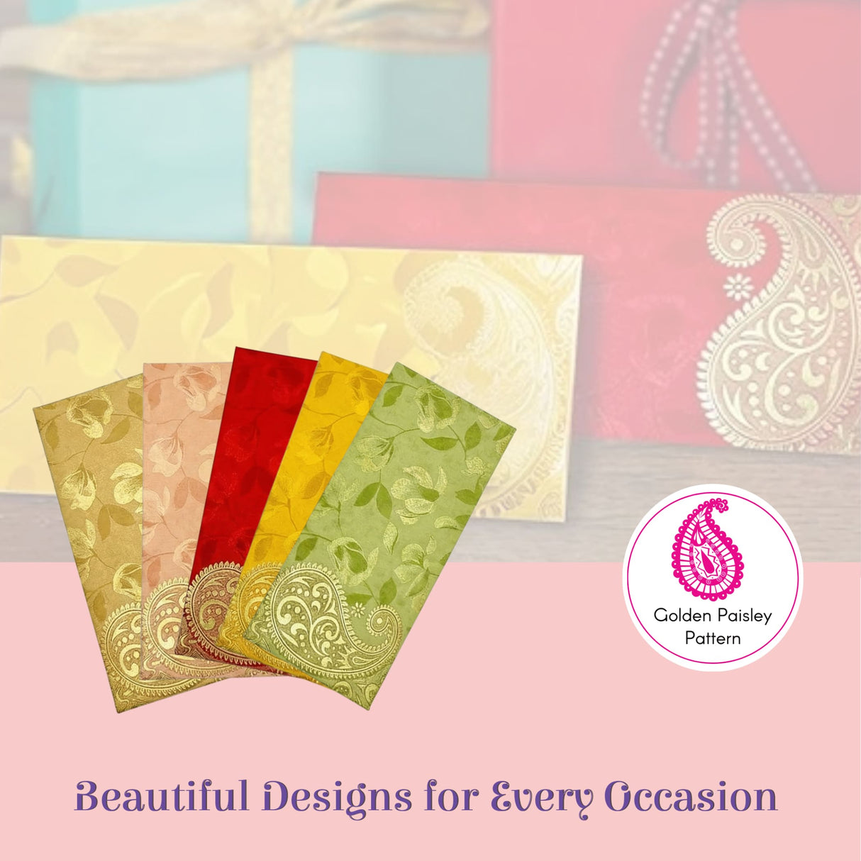 Assorted paisley gold-embossed money envelopes in green, yellow, red, pink